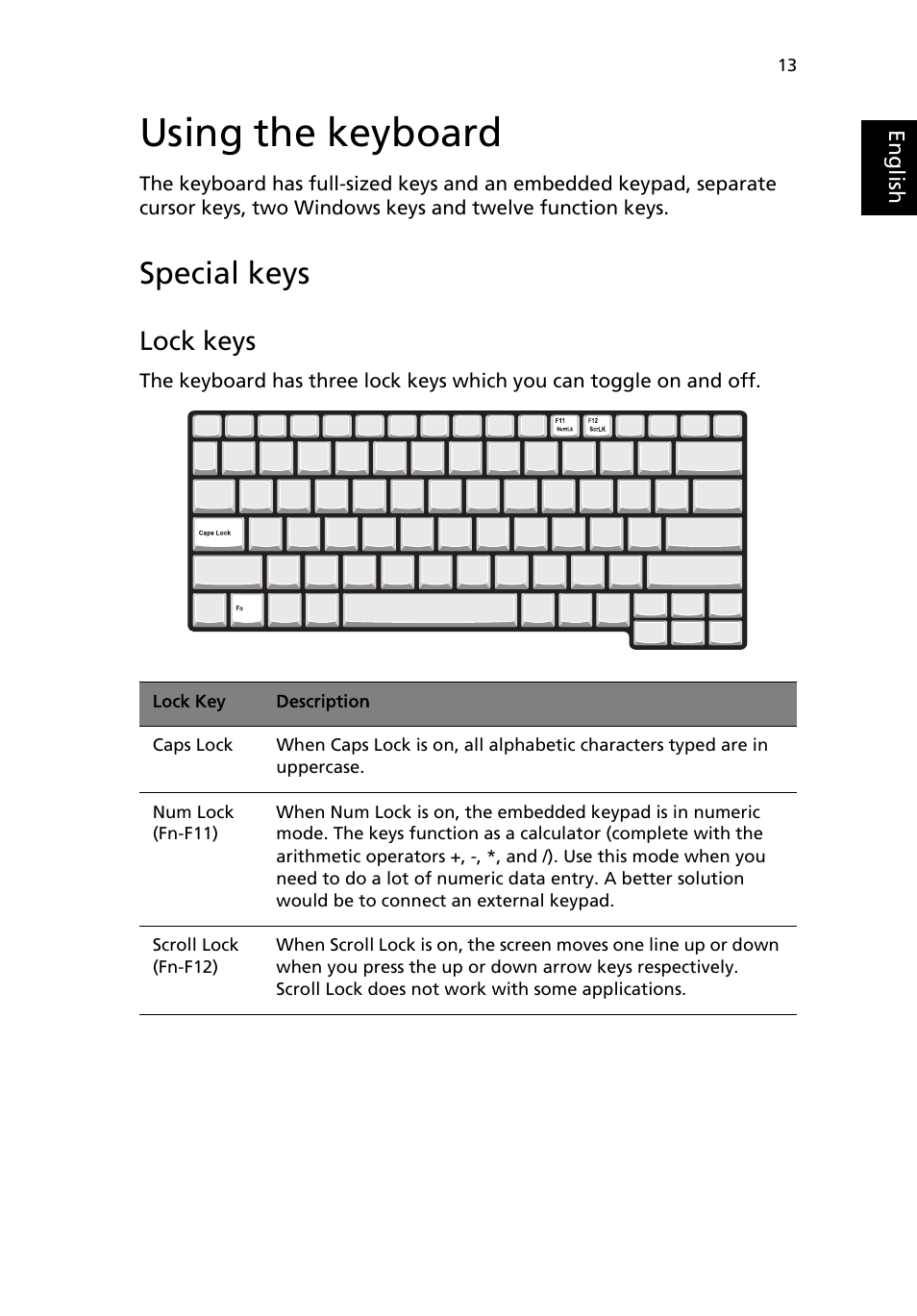 Using the keyboard, Special keys, Touchpad | Lock keys | Acer 2000 Series User Manual | Page 21 / 78
