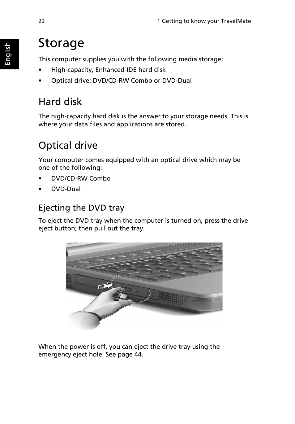 Storage, Hard disk, Optical drive | Audio, Ejecting the dvd tray | Acer 2000 Series User Manual | Page 30 / 78