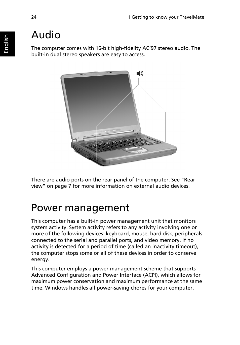 Audio, Power management, Moving around with your travelmate | Acer 2000 Series User Manual | Page 32 / 78