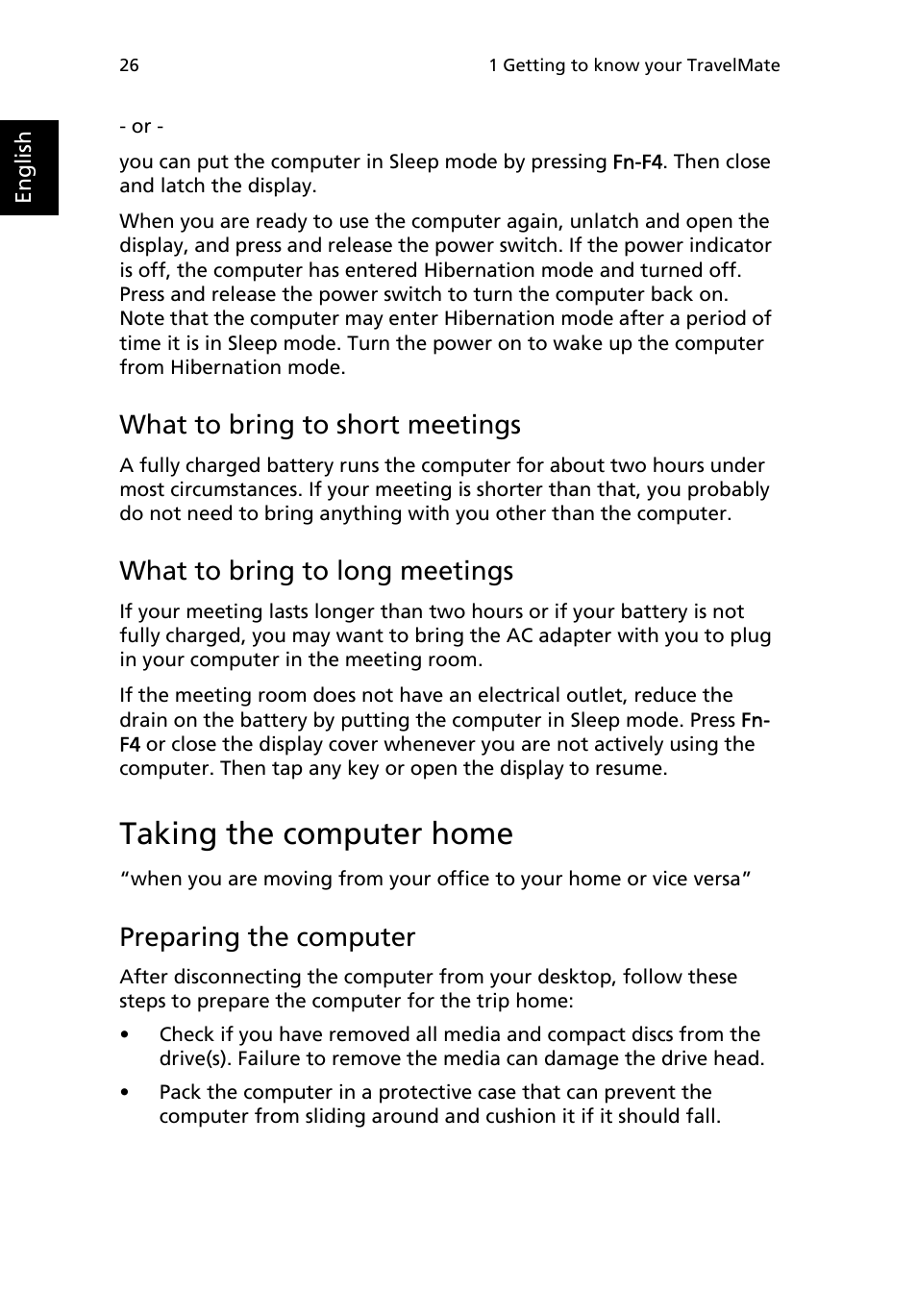 Taking the computer home, Traveling with the computer, What to bring to short meetings | What to bring to long meetings, Preparing the computer | Acer 2000 Series User Manual | Page 34 / 78