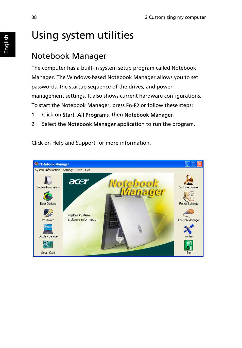 Using system utilities, Notebook manager, Launch manager | Acer 2000 Series User Manual | Page 46 / 78