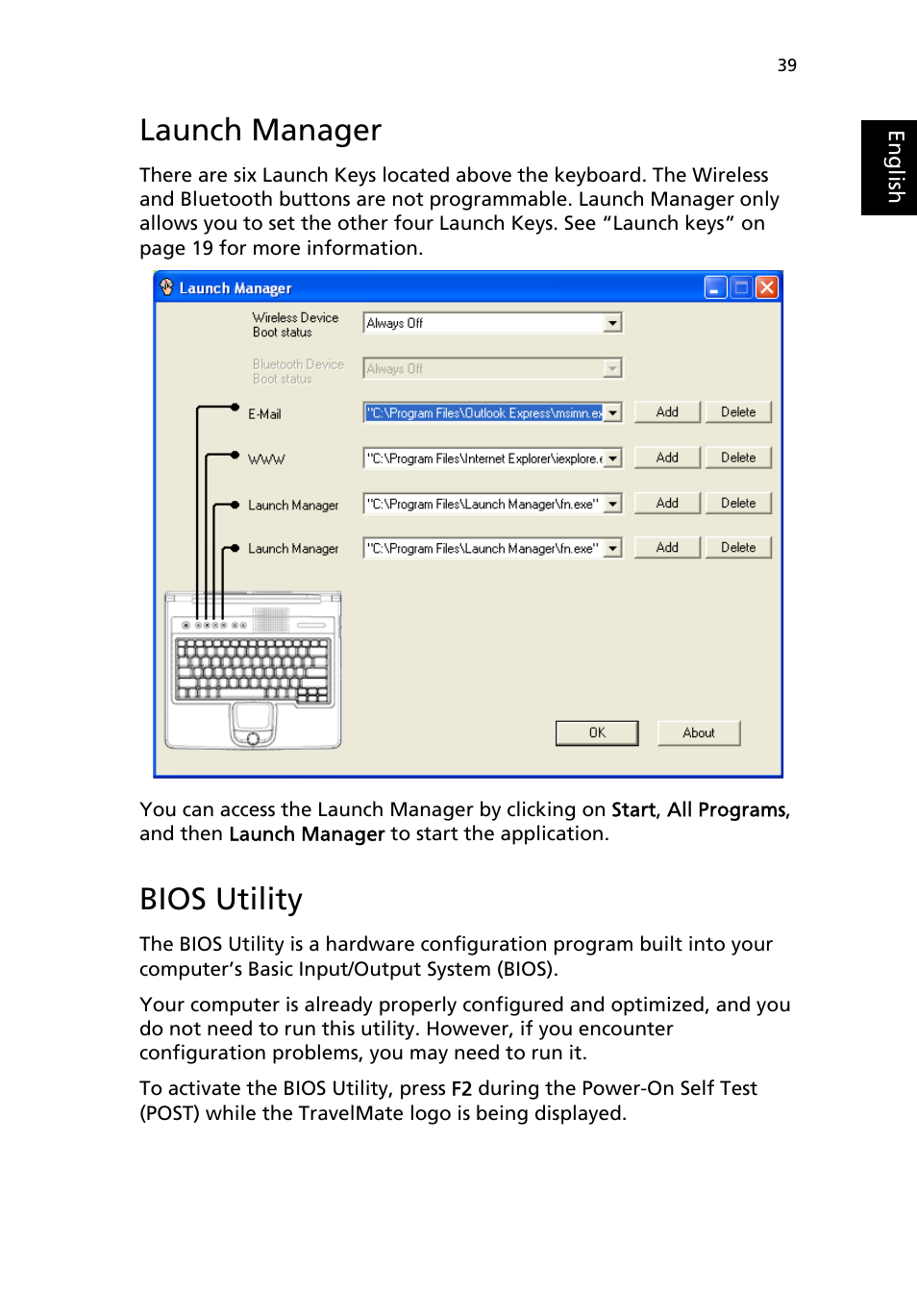 Launch manager, Bios utility | Acer 2000 Series User Manual | Page 47 / 78