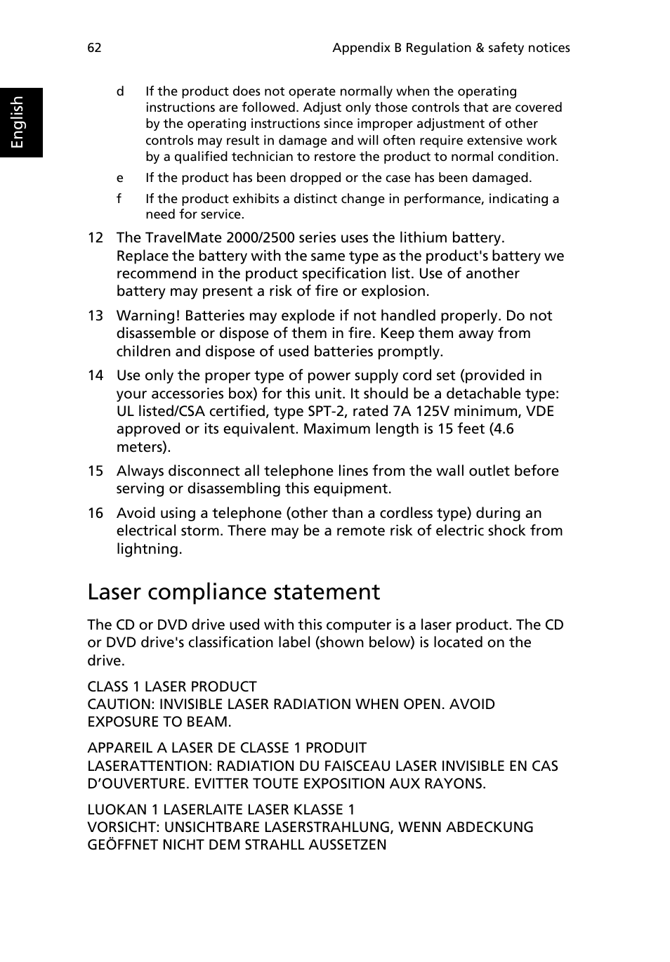 Laser compliance statement | Acer 2000 Series User Manual | Page 70 / 78