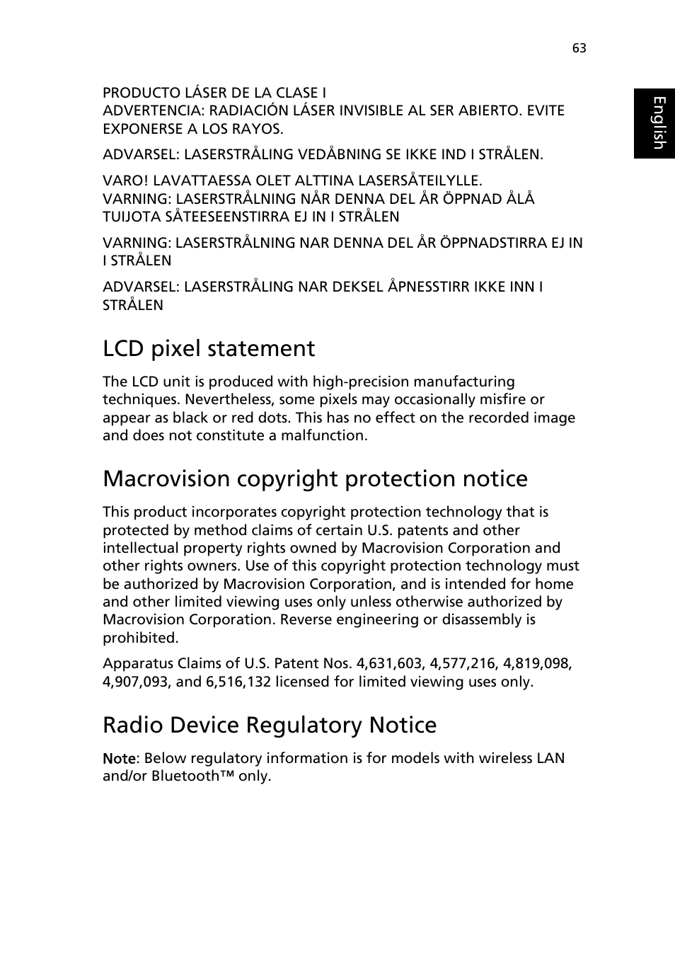 Lcd pixel statement, Macrovision copyright protection notice, Radio device regulatory notice | Acer 2000 Series User Manual | Page 71 / 78