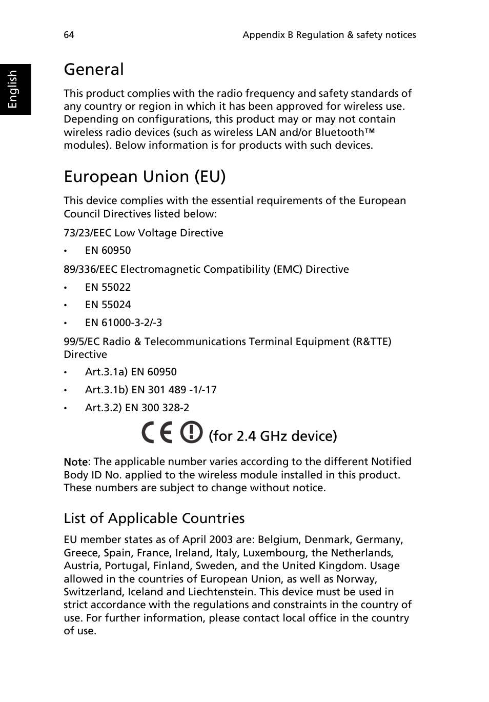 General, European union (eu), List of applicable countries | Acer 2000 Series User Manual | Page 72 / 78