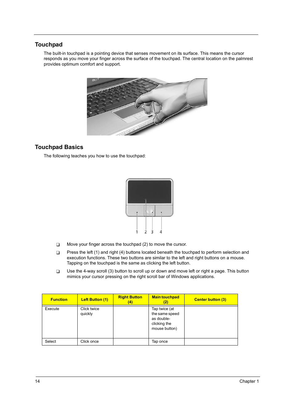 Touchpad, Touchpad basics | Acer 3210Z User Manual | Page 22 / 102