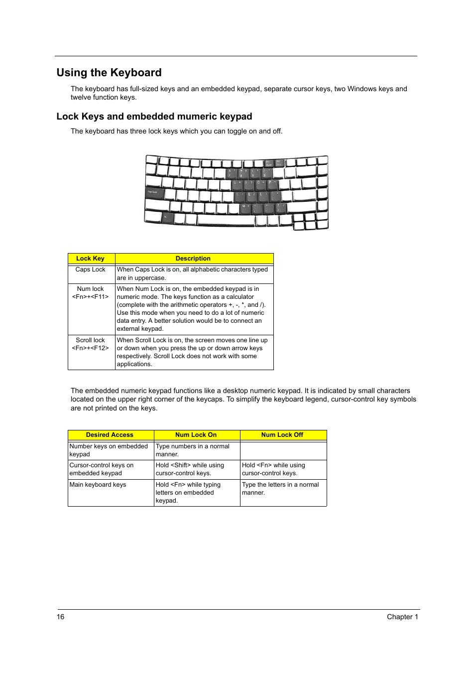 Using the keyboard, Lock keys and embedded mumeric keypad | Acer 3210Z User Manual | Page 24 / 102