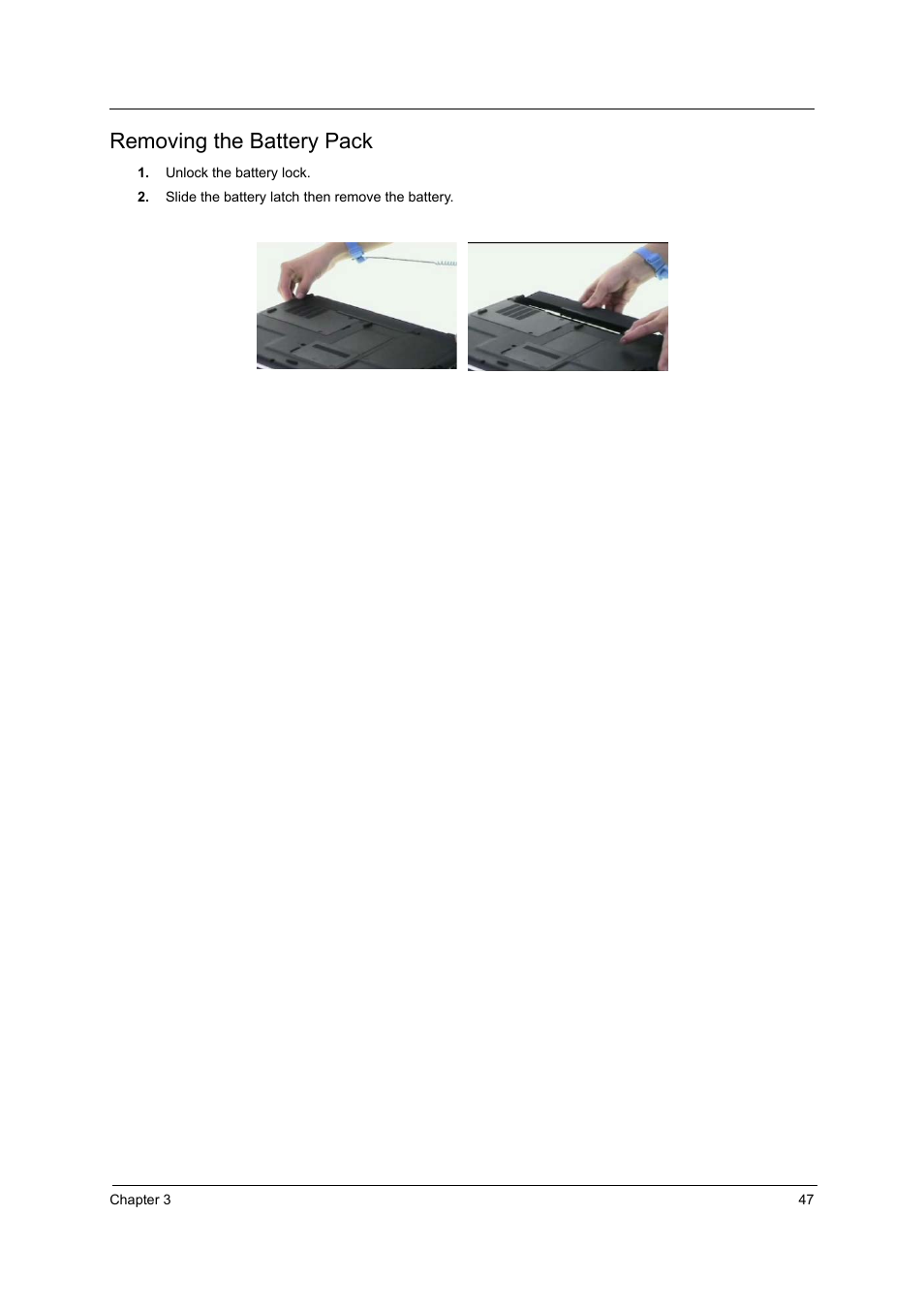 Removing the battery pack | Acer 3210Z User Manual | Page 55 / 102
