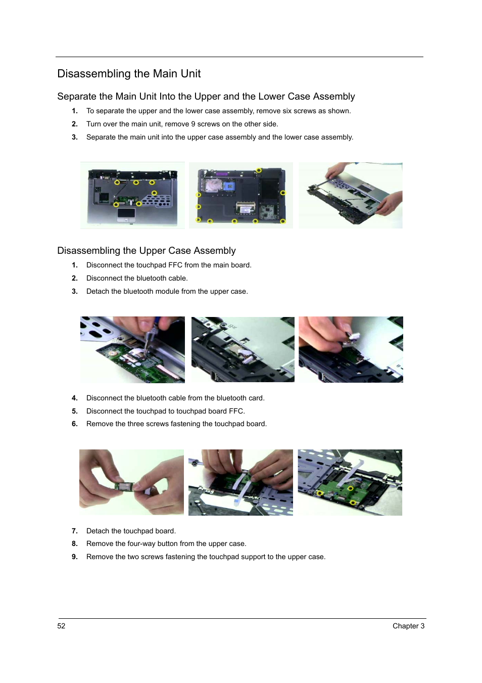 Disassembling the main unit, Disassembling the upper case assembly | Acer 3210Z User Manual | Page 60 / 102