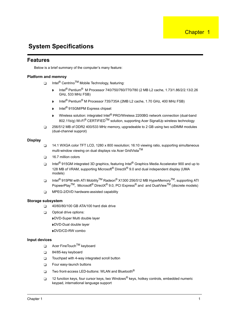 Features, System specifications, Chapter 1 | Acer 3210Z User Manual | Page 9 / 102