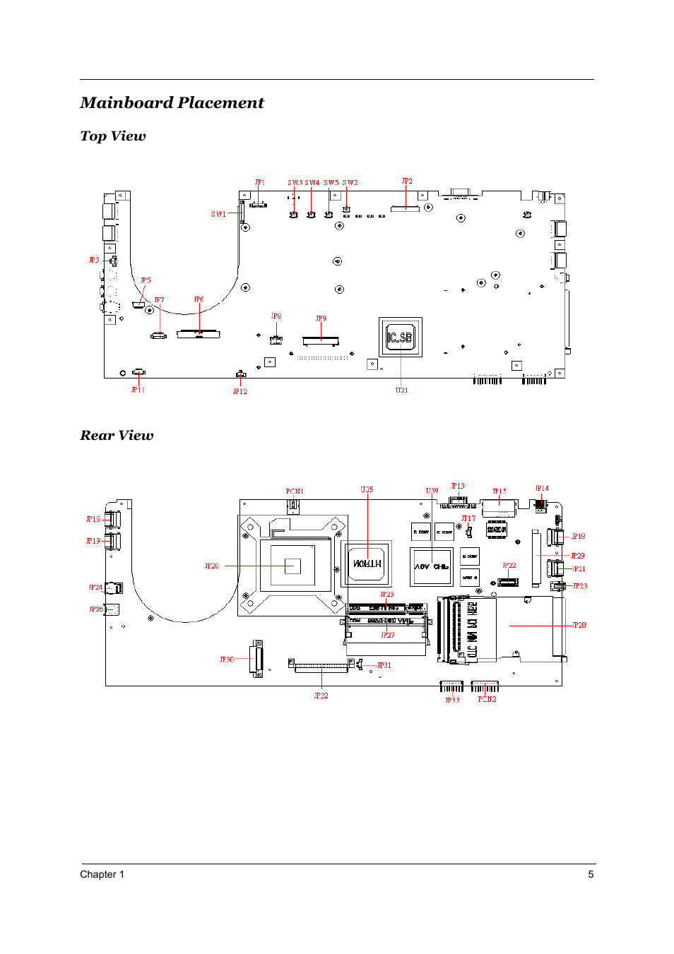 Mainboard placement, Top view, Rear view | Acer 1800 User Manual | Page 13 / 97