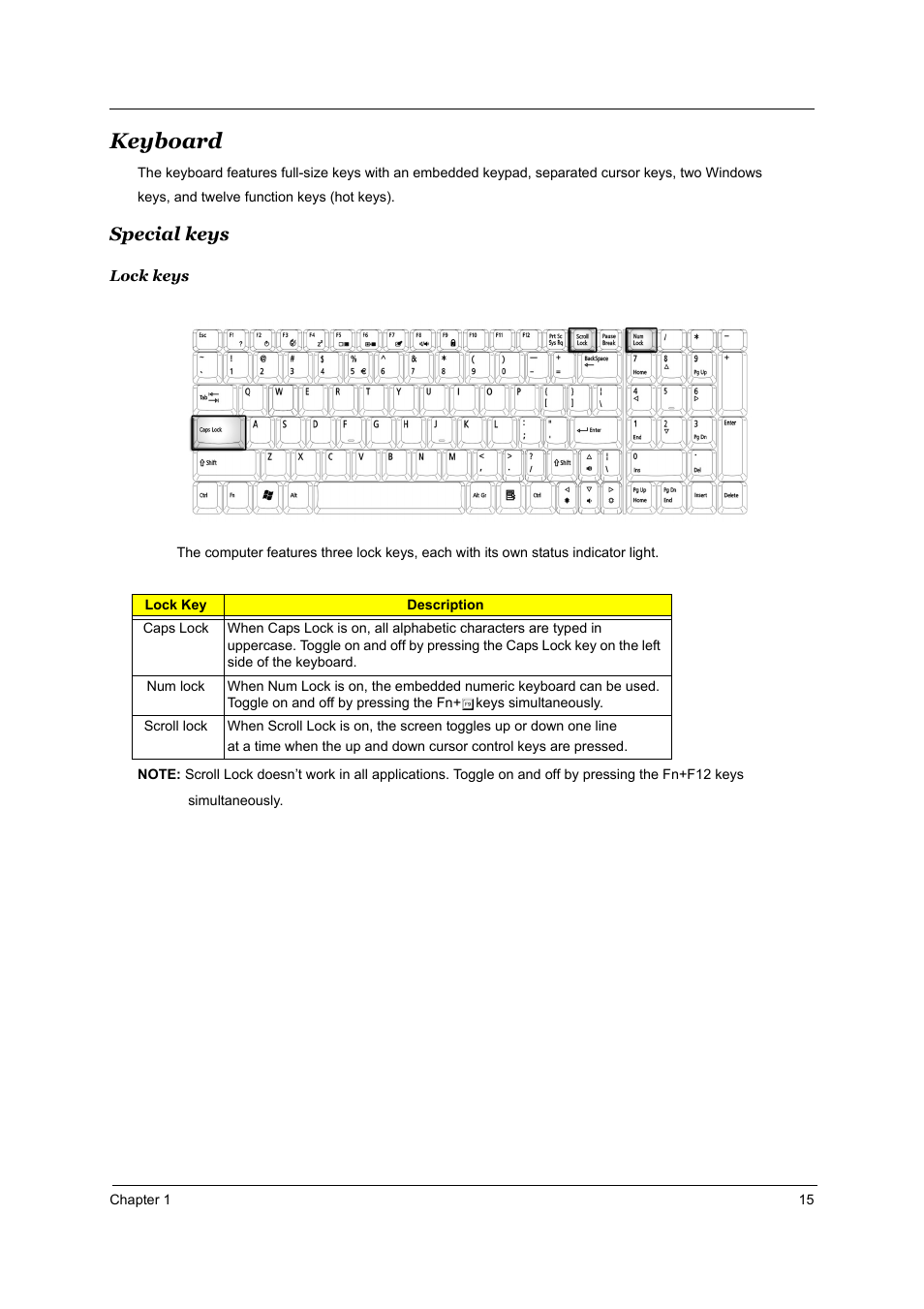 Keyboard, Special keys | Acer 1800 User Manual | Page 23 / 97