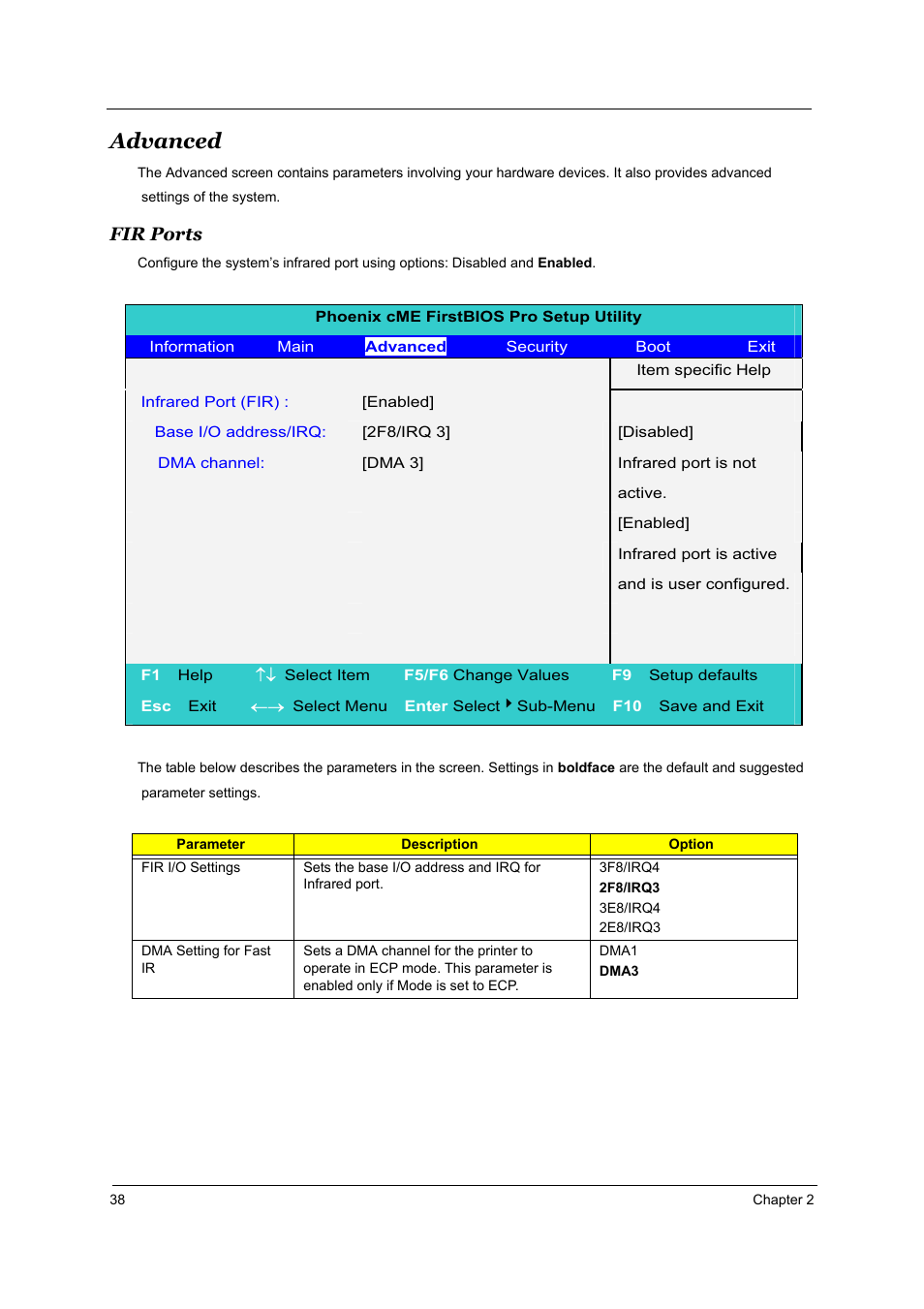 Advanced, Fir ports | Acer 1800 User Manual | Page 46 / 97