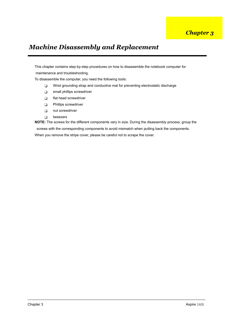As 1800_ch3.pdf, Machine disassembly and replacement, Chapter 3 | Acer 1800 User Manual | Page 51 / 97