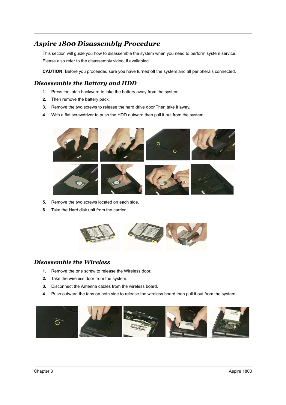 Aspire 1800 disassembly procedure, Disassemble the battery and hdd, Disassemble the wireless | Acer 1800 User Manual | Page 53 / 97