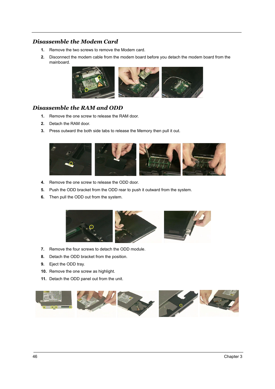 Disassemble the modem card, Disassemble the ram and odd | Acer 1800 User Manual | Page 54 / 97