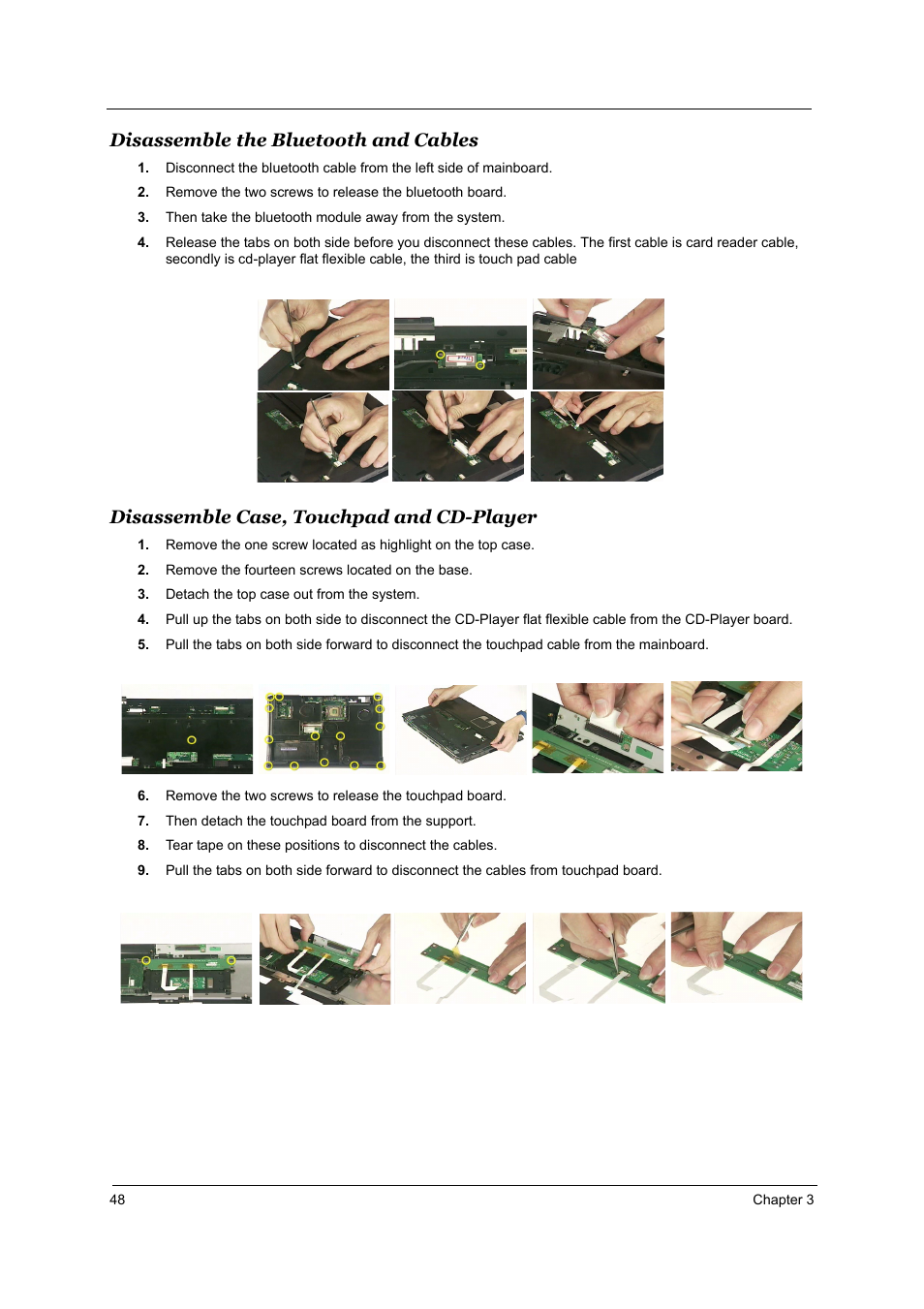 Disassemble the bluetooth and cables, Disassemble case, touchpad and cd-player | Acer 1800 User Manual | Page 56 / 97