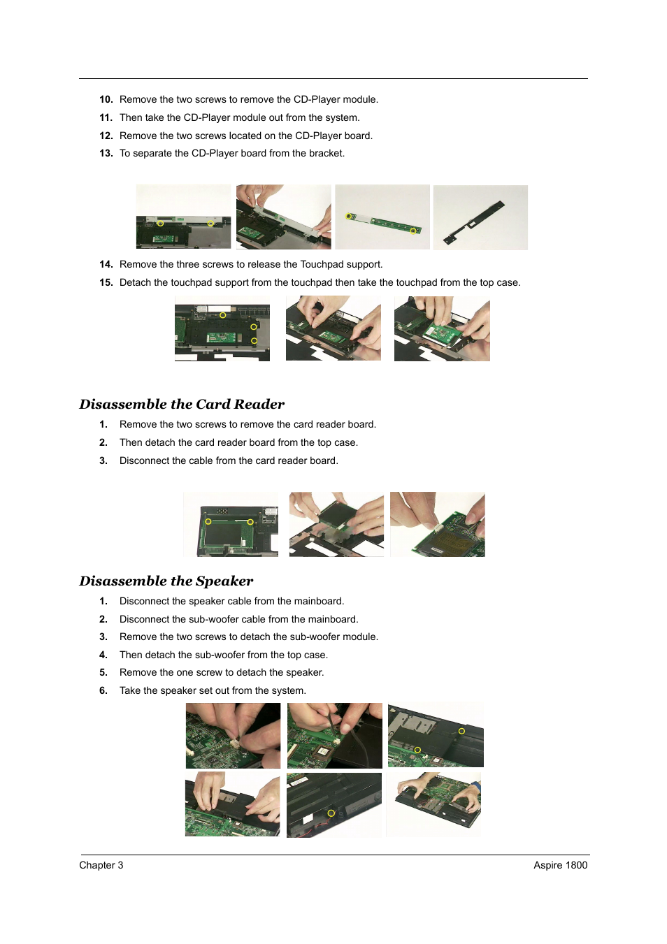 Disassemble the card reader, Disassemble the speaker | Acer 1800 User Manual | Page 57 / 97