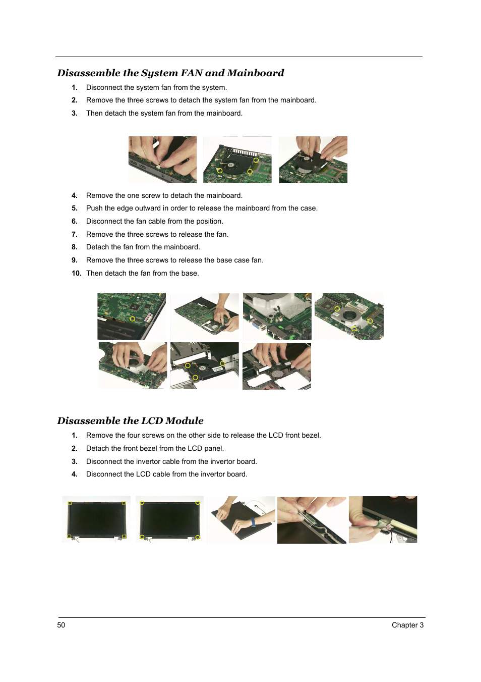 Disassemble the system fan and mainboard, Disassemble the lcd module | Acer 1800 User Manual | Page 58 / 97