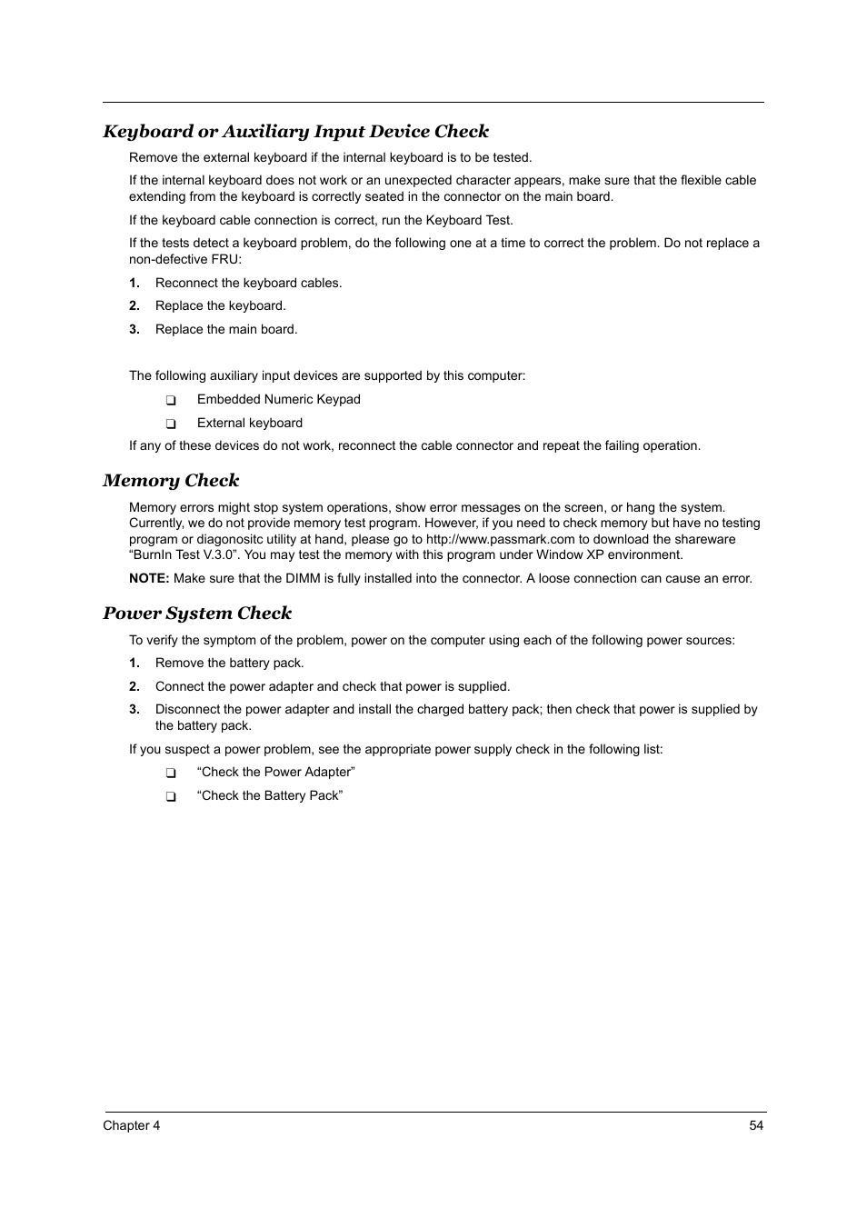 Keyboard or auxiliary input device check, Memory check, Power system check | Acer 1800 User Manual | Page 62 / 97
