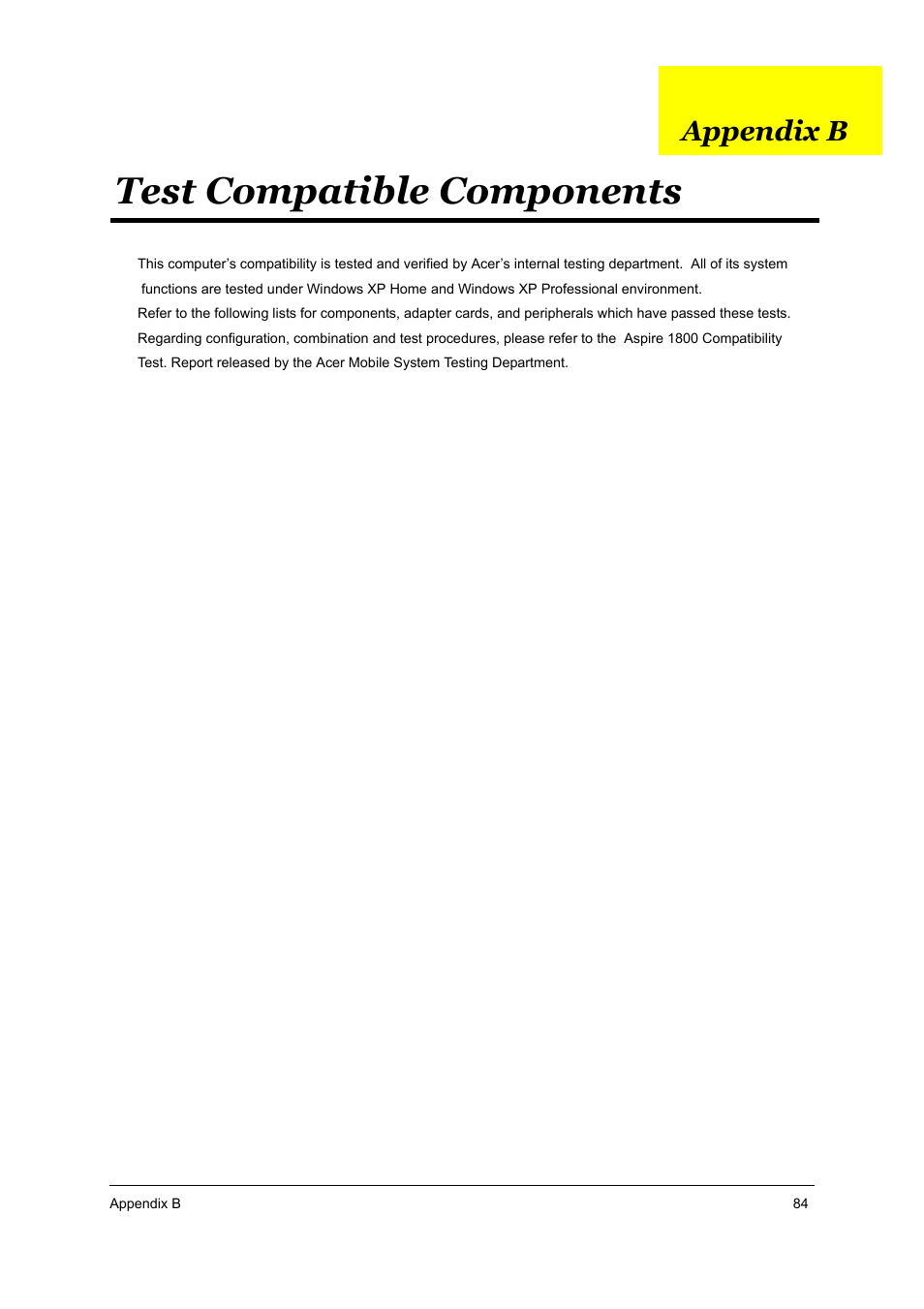 As 1800_appb.pdf, Test compatible components, Appendix b | Acer 1800 User Manual | Page 92 / 97