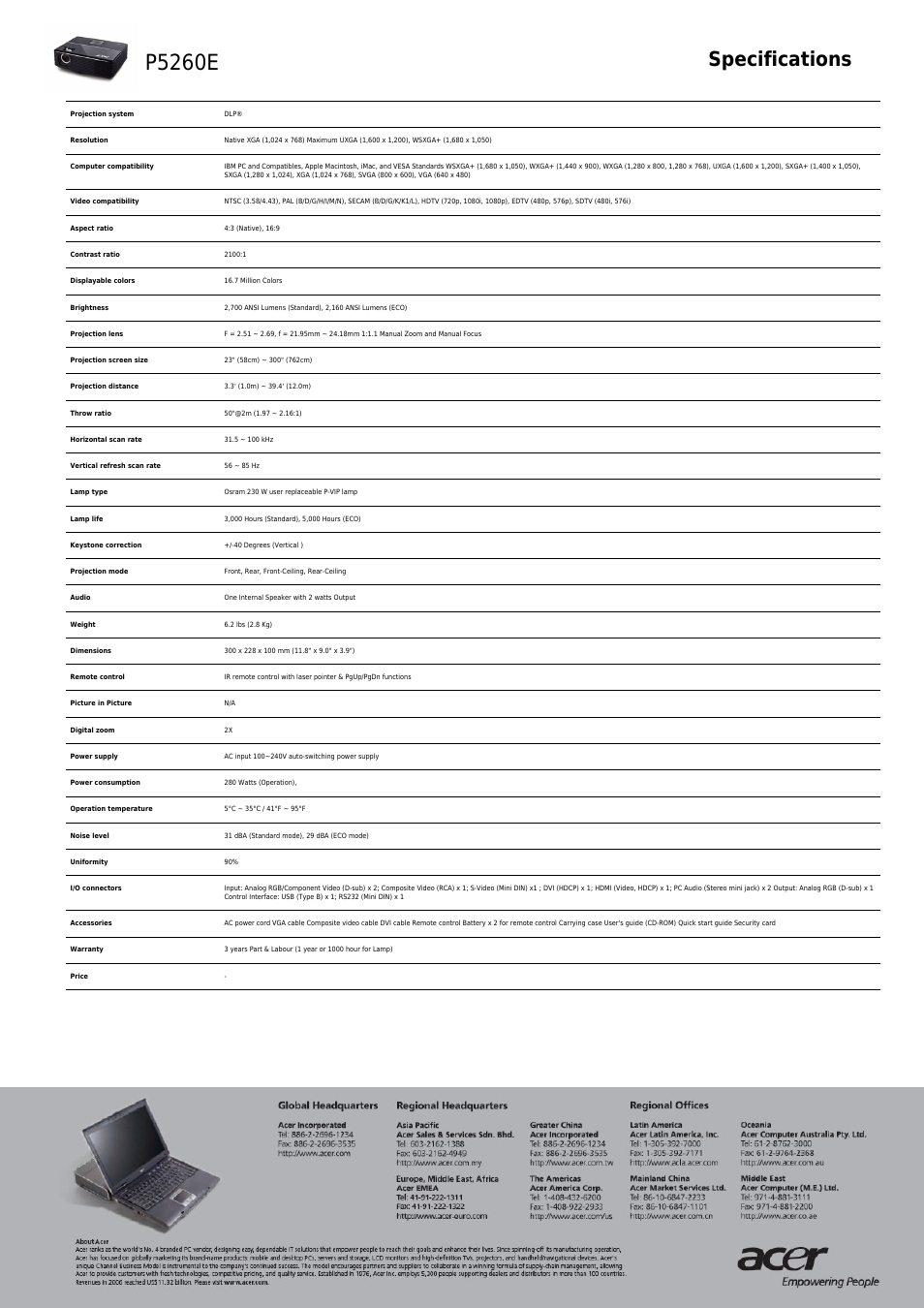 P5260e, Specifications | Acer P5260E User Manual | Page 2 / 2