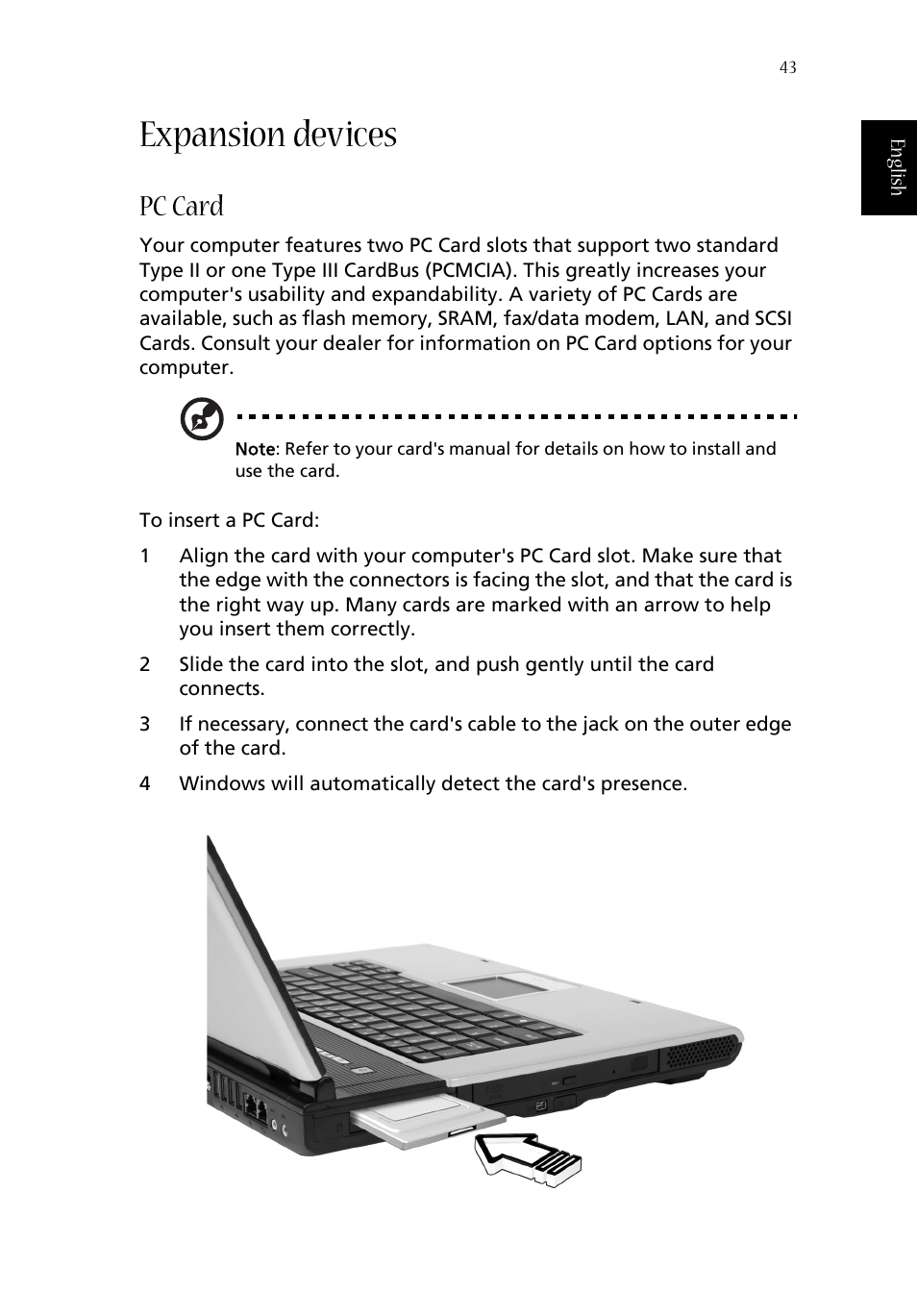 Expansion devices, Pc card | Acer 1660 User Manual | Page 53 / 100