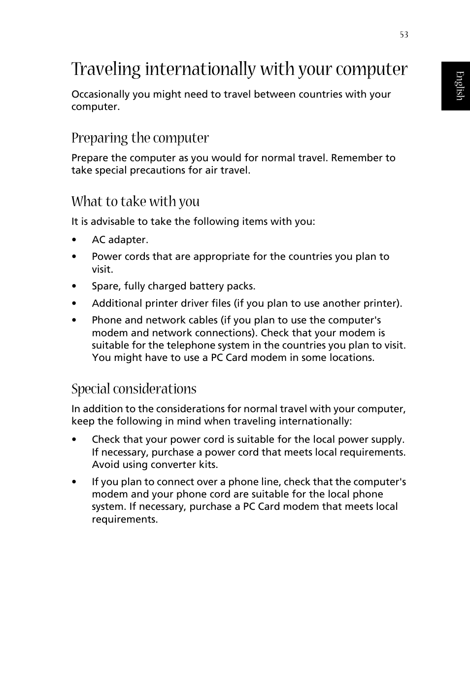 Traveling internationally with your computer, Preparing the computer, What to take with you | Special considerations | Acer 1660 User Manual | Page 63 / 100