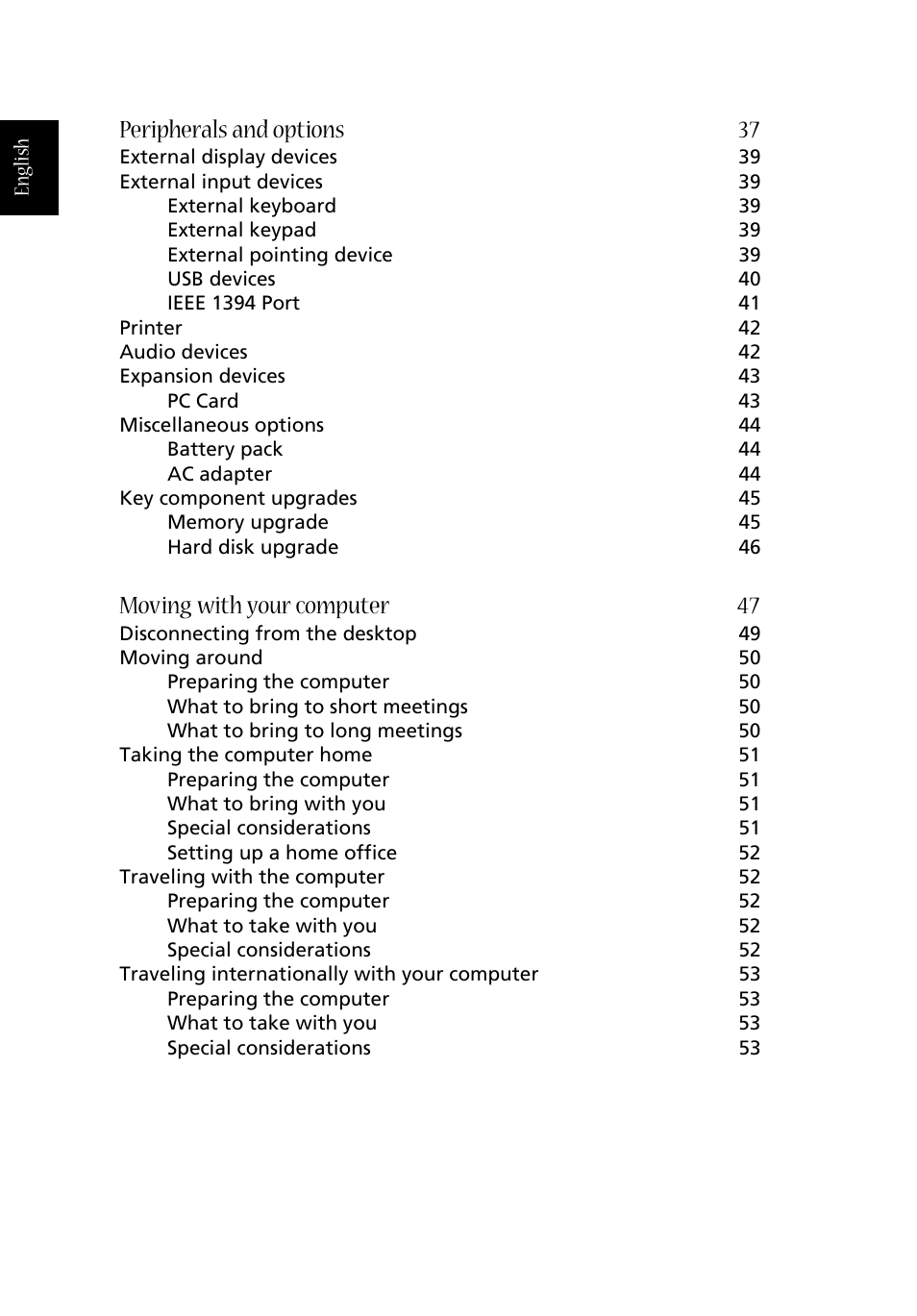 Peripherals and options 37, Moving with your computer 47 | Acer 1660 User Manual | Page 8 / 100