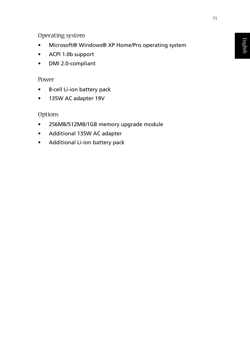 Operating system, Power, Options | Acer 1660 User Manual | Page 81 / 100