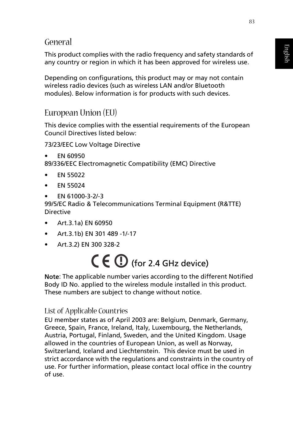 General, European union (eu), List of applicable countries | Acer 1660 User Manual | Page 93 / 100