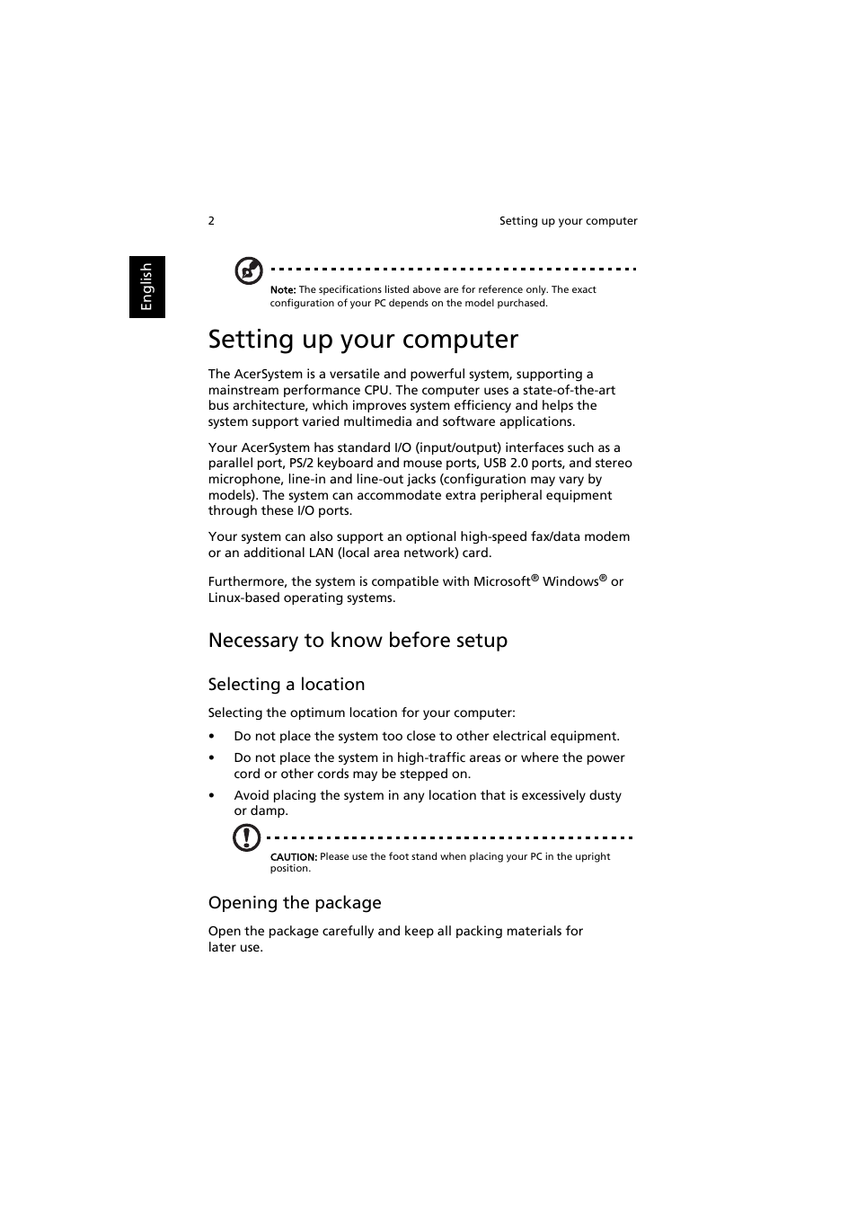Setting up your computer, Necessary to know before setup, Selecting a location | Opening the package | Acer Aspire AS001 User Manual | Page 12 / 26