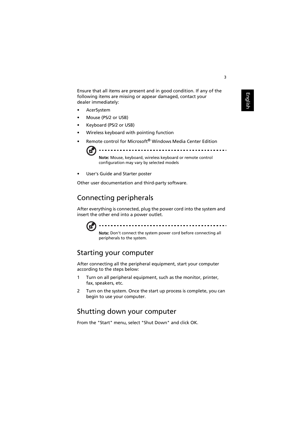 Connecting peripherals, Starting your computer, Shutting down your computer | Acer Aspire AS001 User Manual | Page 13 / 26
