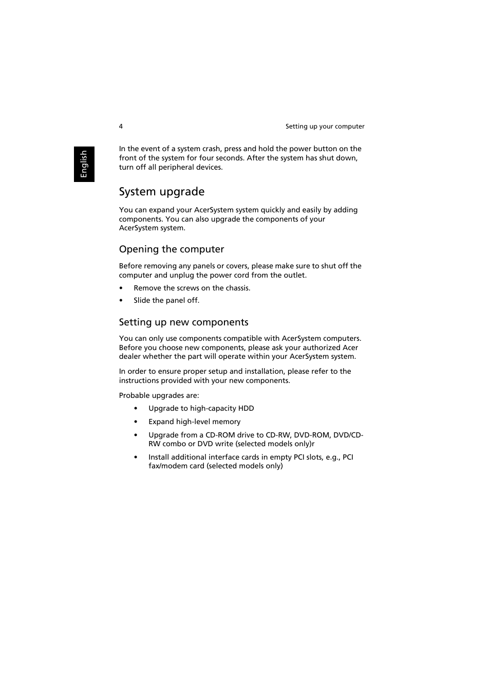 System upgrade, Opening the computer, Setting up new components | Acer Aspire AS001 User Manual | Page 14 / 26