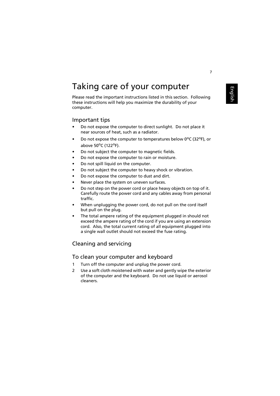 Taking care of your computer, Important tips, Cleaning and servicing | To clean your computer and keyboard | Acer Aspire AS001 User Manual | Page 17 / 26