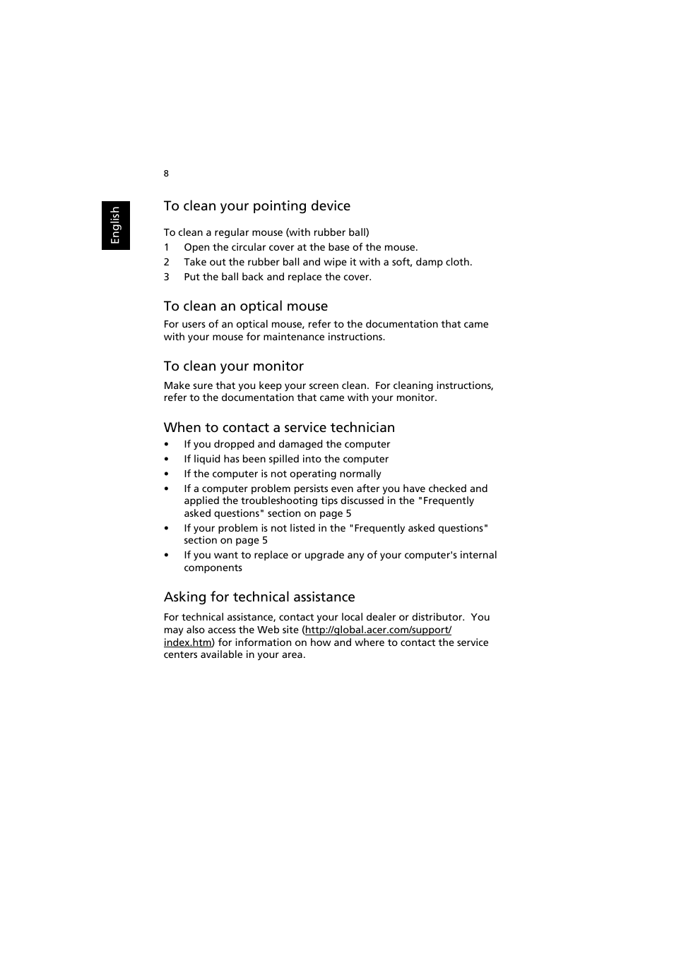 Asking for technical assistance, To clean your pointing device, To clean your monitor | When to contact a service technician | Acer Aspire AS001 User Manual | Page 18 / 26