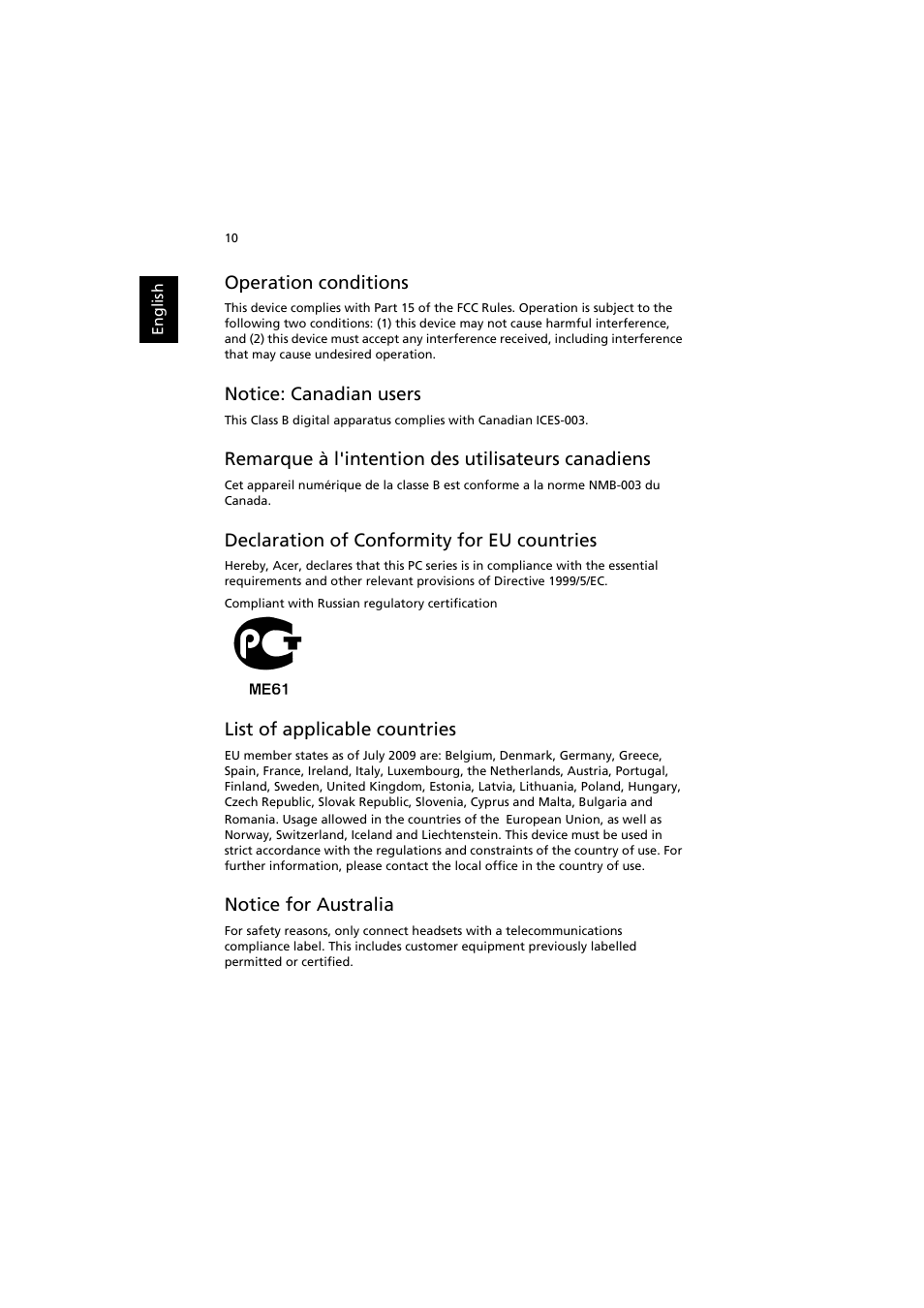 Operation conditions, Notice: canadian users, Remarque à l'intention des utilisateurs canadiens | Declaration of conformity for eu countries, List of applicable countries, Notice for australia | Acer Aspire AS001 User Manual | Page 20 / 26