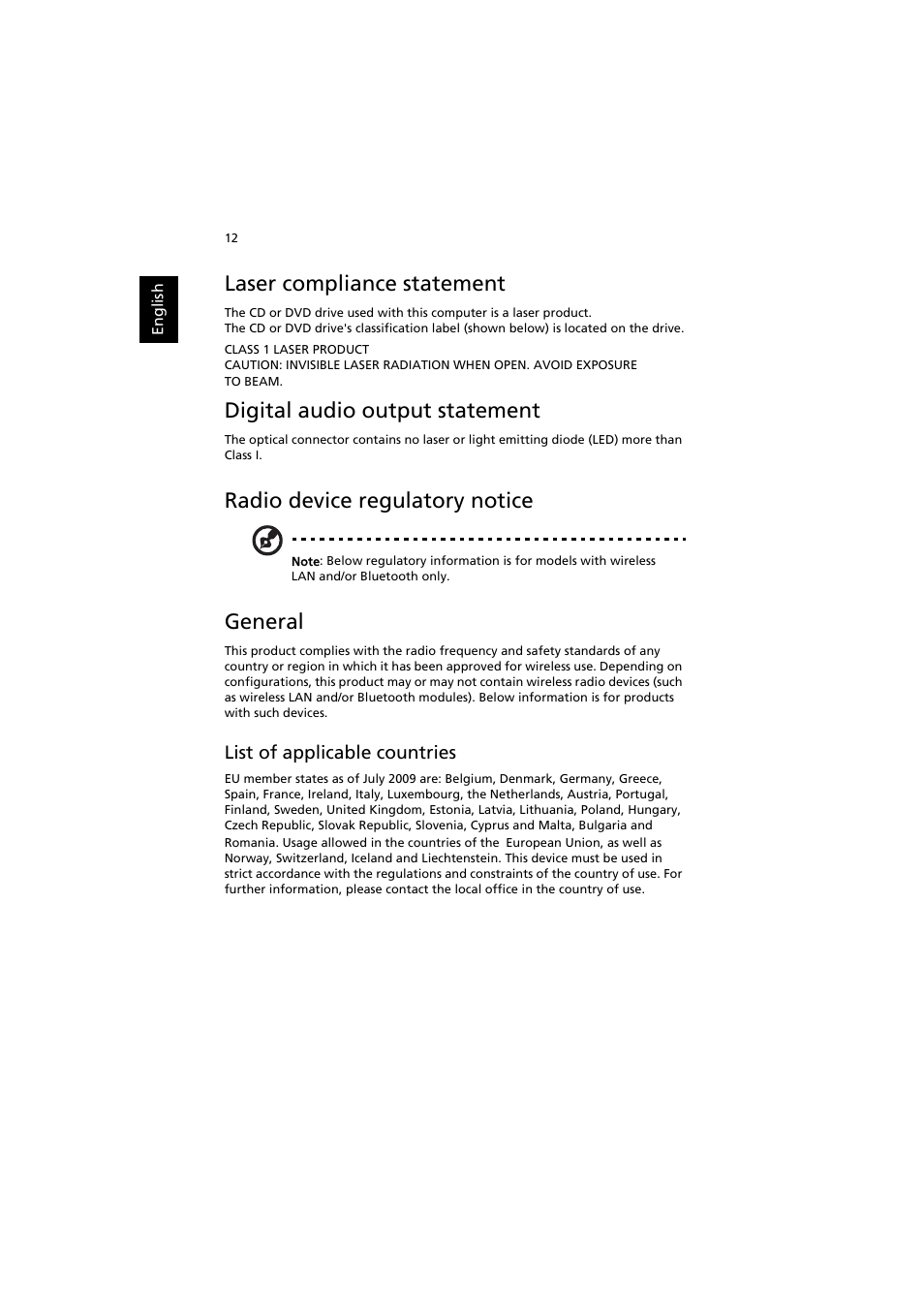 Laser compliance statement, Digital audio output statement, Radio device regulatory notice | General | Acer Aspire AS001 User Manual | Page 22 / 26
