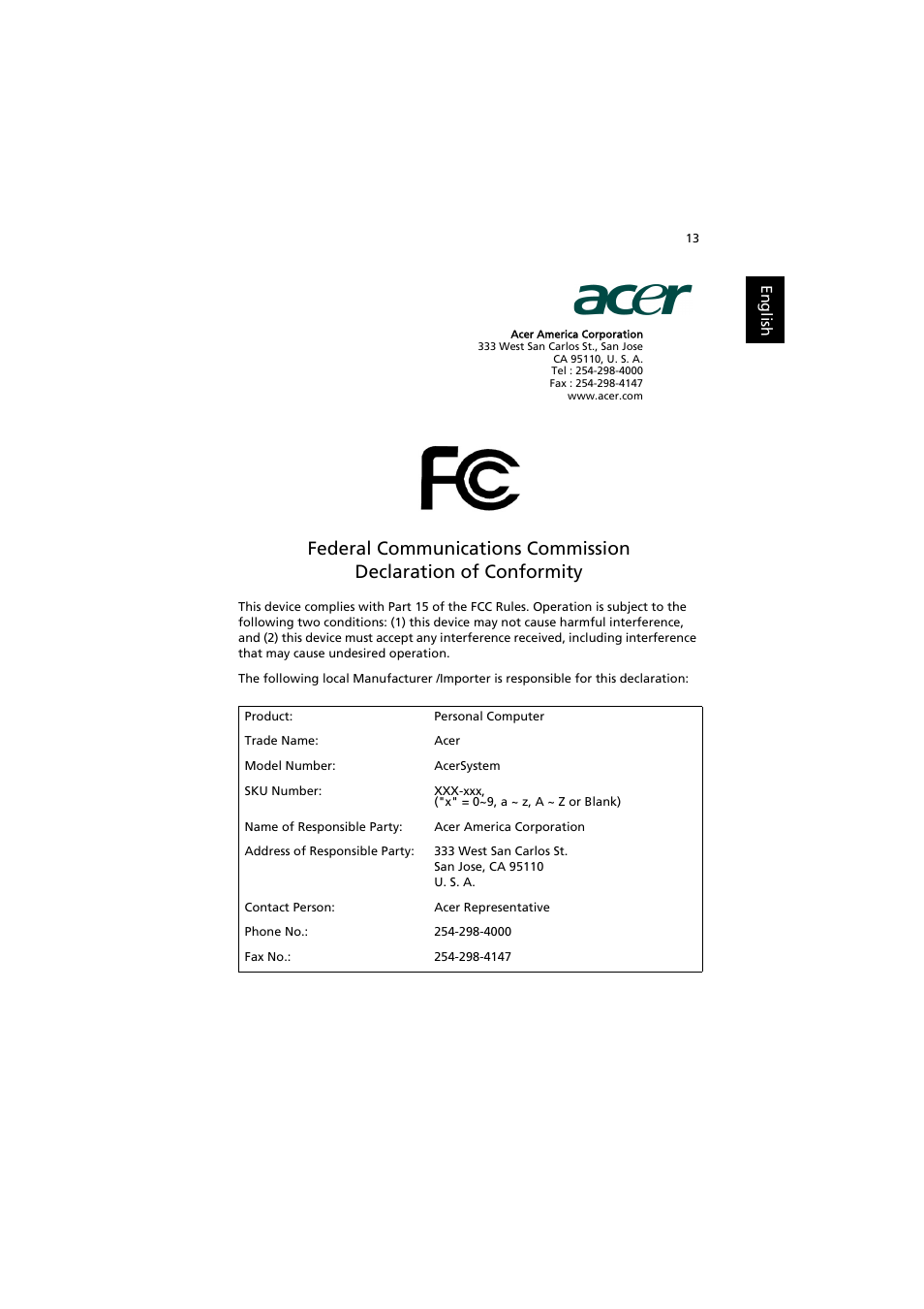 Federal communications commission | Acer Aspire AS001 User Manual | Page 23 / 26