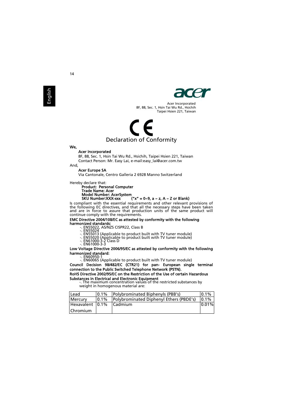 Declaration of conformity | Acer Aspire AS001 User Manual | Page 24 / 26