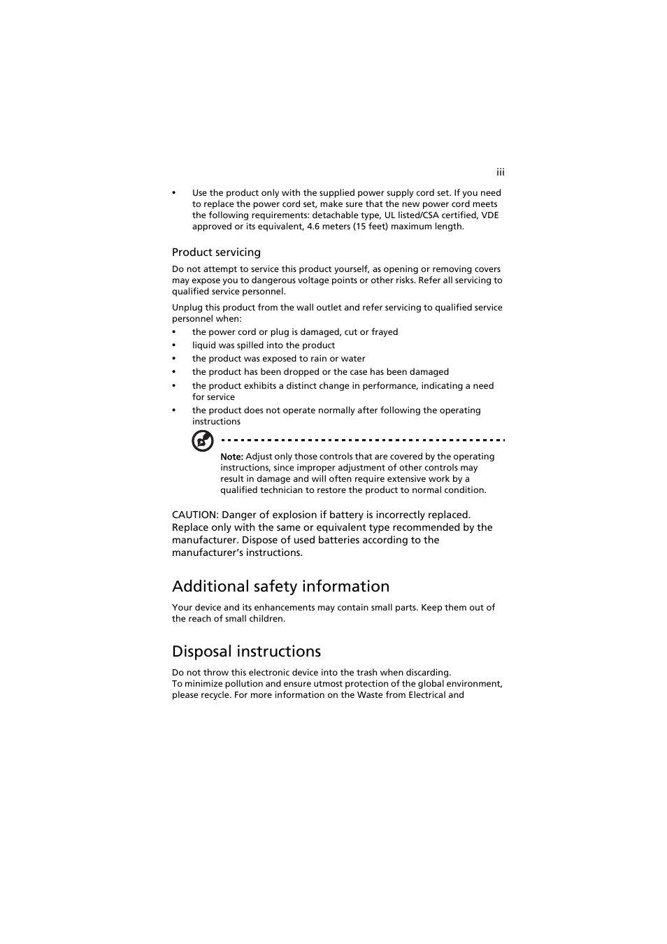 Additional safety information, Disposal instructions | Acer Aspire AS001 User Manual | Page 5 / 26