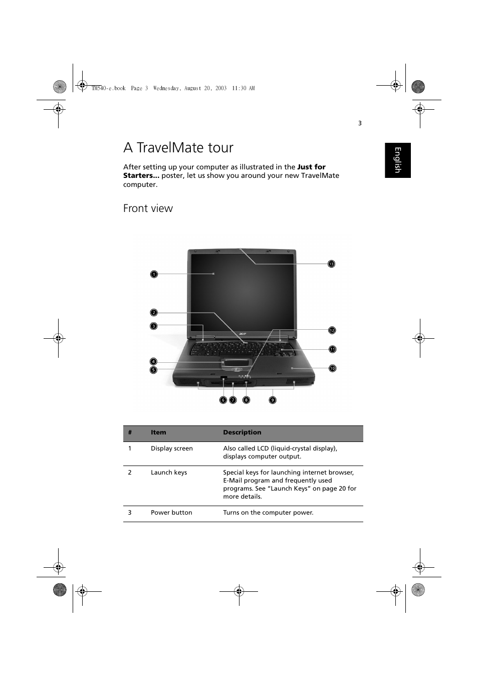 A travelmate tour, Front view | Acer 540 User Manual | Page 11 / 82