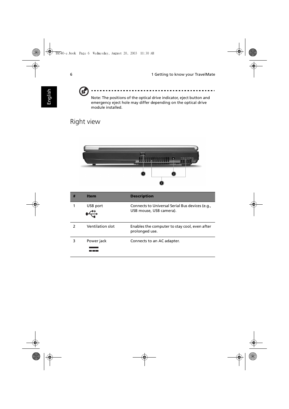 Right view | Acer 540 User Manual | Page 14 / 82