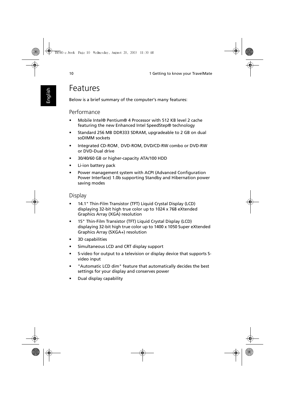 Features, Performance, Display | Acer 540 User Manual | Page 18 / 82