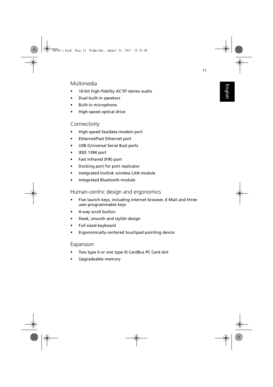 Multimedia, Connectivity, Human-centric design and ergonomics | Expansion | Acer 540 User Manual | Page 19 / 82