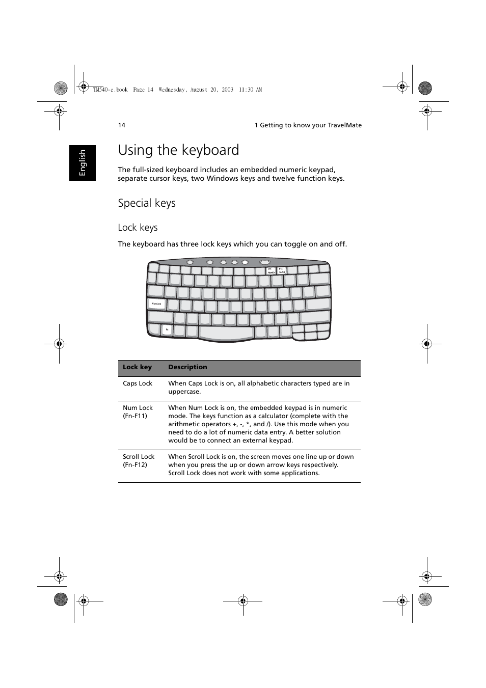 Using the keyboard, Special keys, Lock keys | Acer 540 User Manual | Page 22 / 82