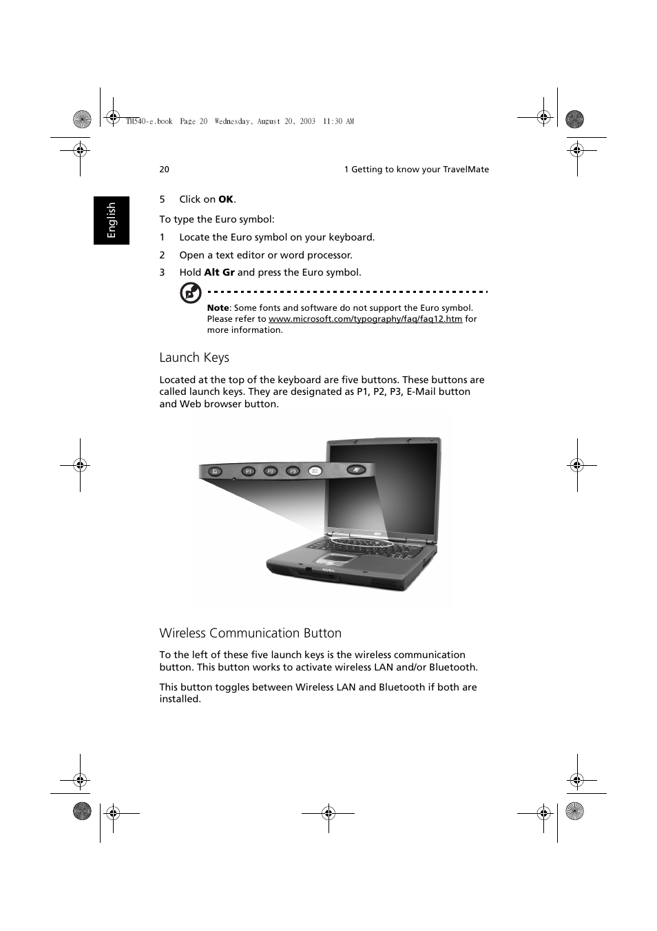 Launch keys, Wireless communication button | Acer 540 User Manual | Page 28 / 82