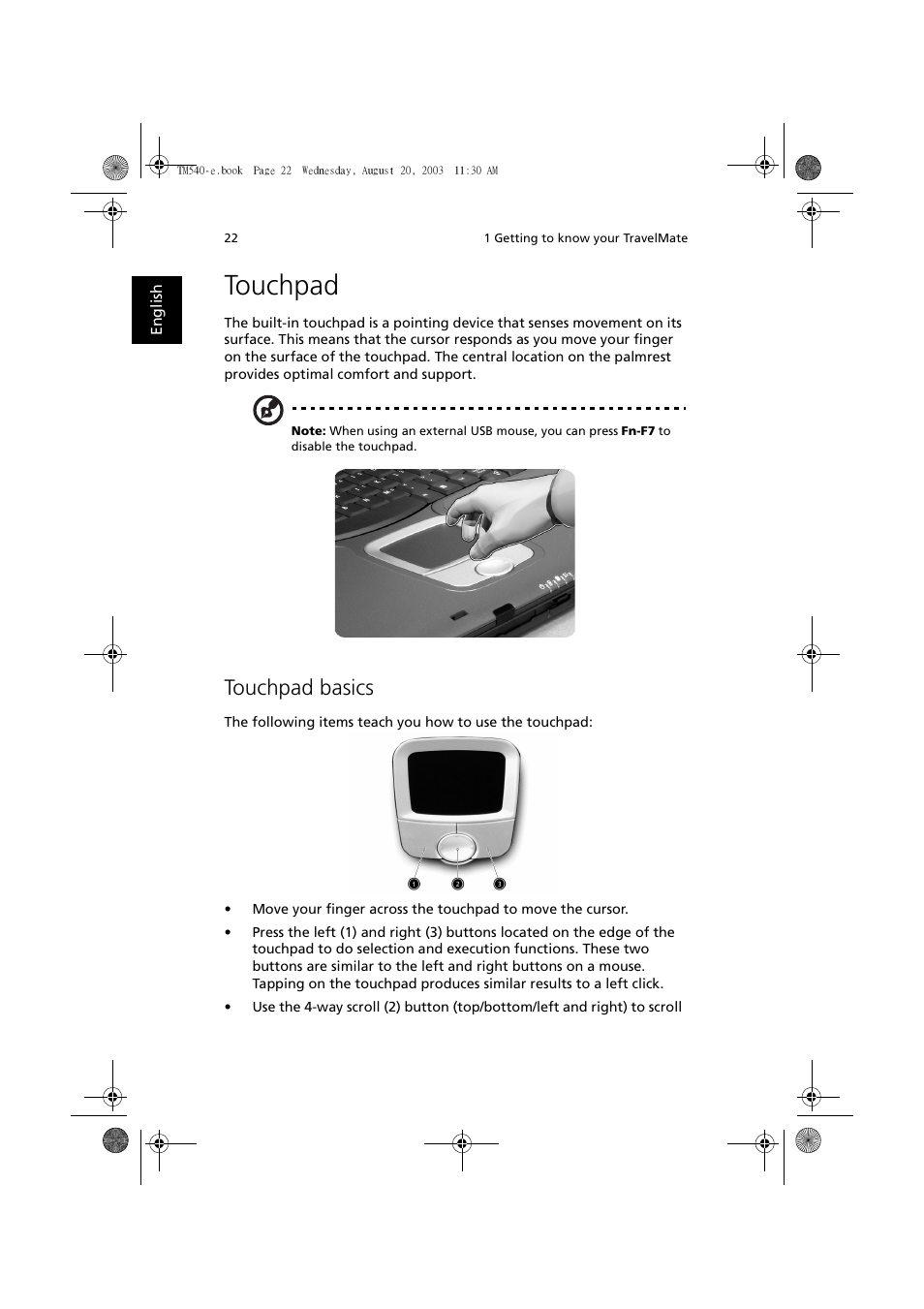 Touchpad, Touchpad basics | Acer 540 User Manual | Page 30 / 82