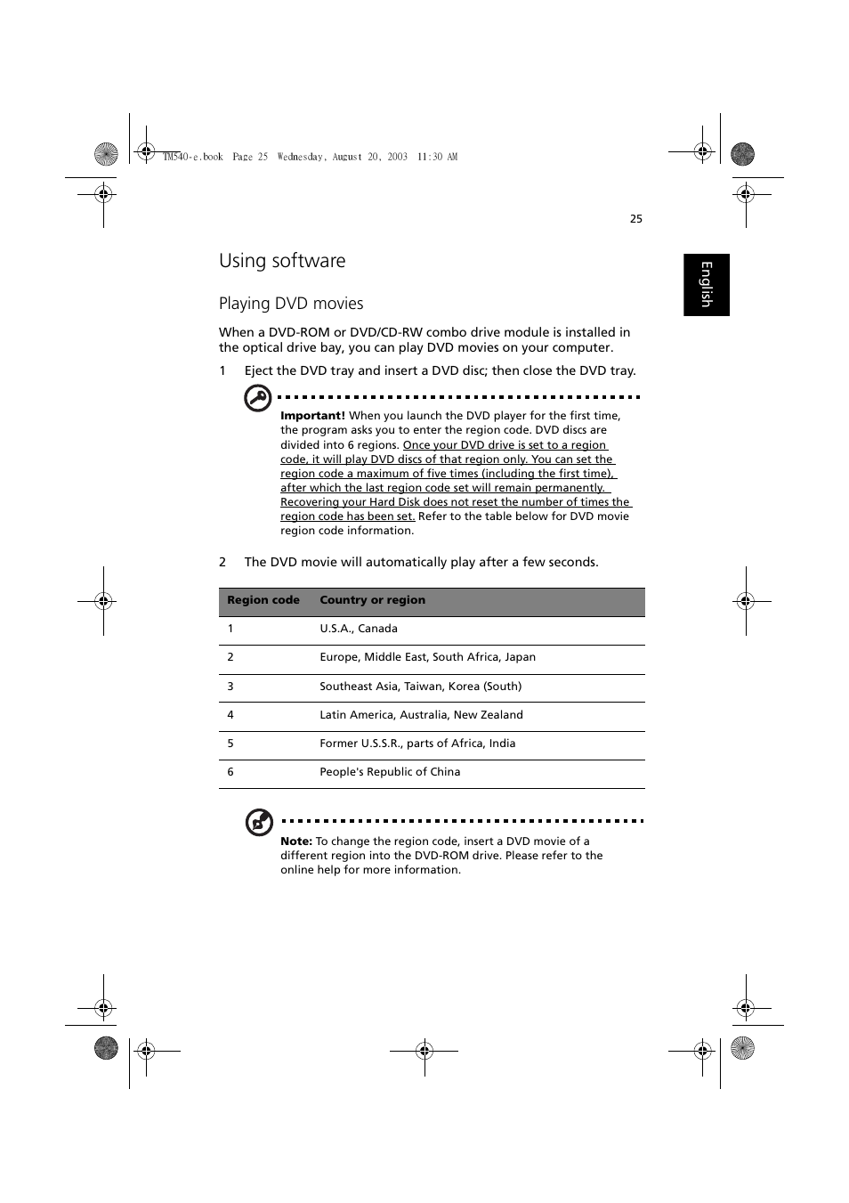 Using software, Playing dvd movies | Acer 540 User Manual | Page 33 / 82