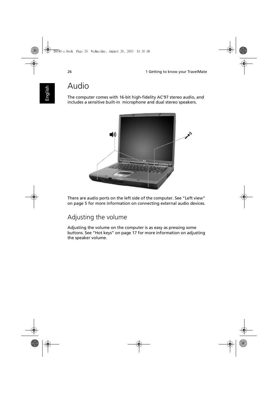 Audio, Adjusting the volume | Acer 540 User Manual | Page 34 / 82